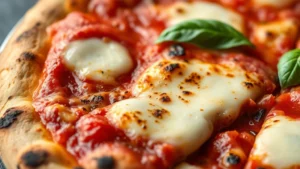 Close-up of a perfectly charred New York style pizza slice with melted mozzarella and San Marzano tomato sauce, crispy crust edge showing leopard spotting, fresh basil visible, steam rising, natural lighting