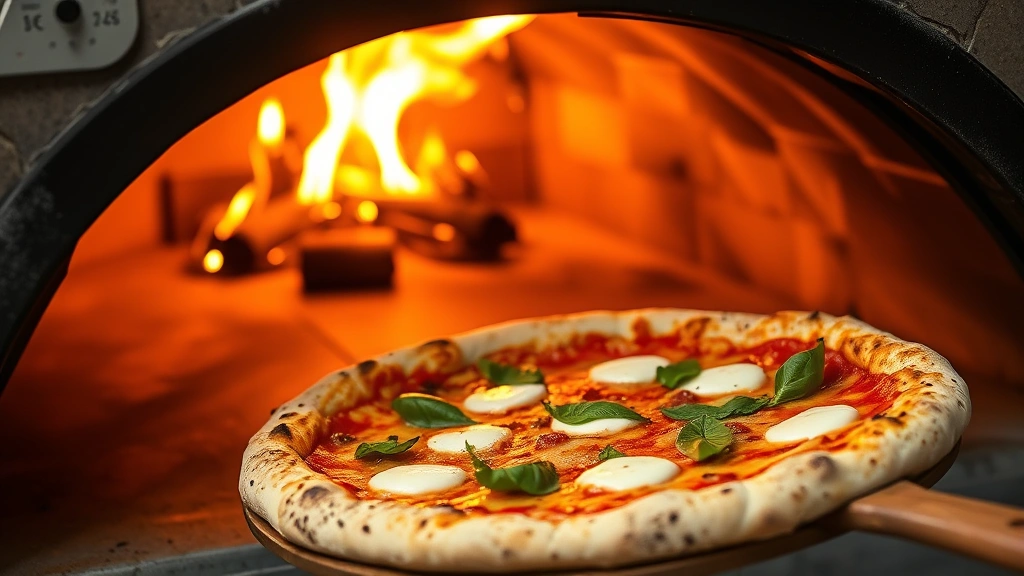 Wood-fired pizza oven interior glowing with orange flames, a traditional Neapolitan pizza with buffalo mozzarella and fresh basil being rotated by wooden peel, dramatic heat shimmer, artisanal kitchen setting