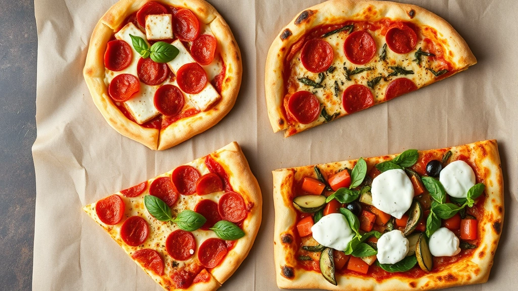 Overhead flat lay of four different pizza slices arranged on parchment paper: classic margherita, pepperoni with crispy cup edges, Sicilian rectangular slice, and contemporary topped pizza with seasonal vegetables and burrata cheese