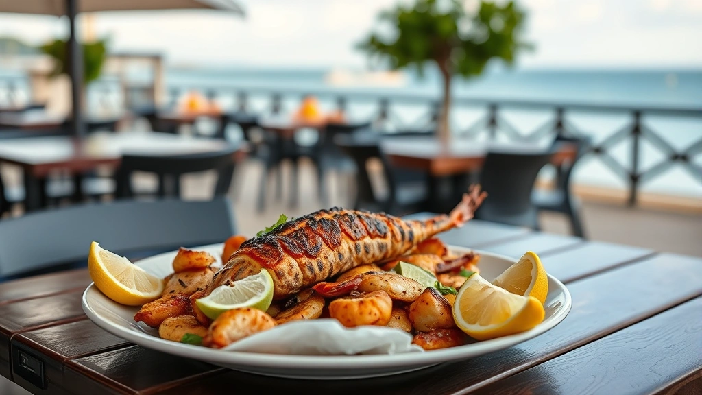 Waterfront seaside restaurant patio lunch scene with grilled seafood dish, ocean view blurred in background, fresh lemon wedges, and coastal ambiance