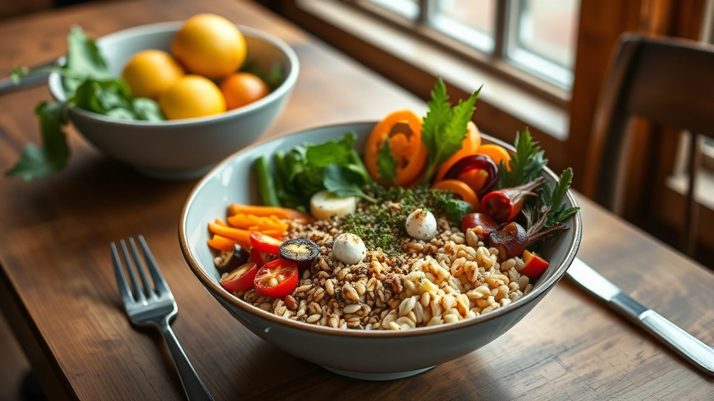 Farm-fresh seasonal lunch bowl featuring heirloom vegetables, grains, and protein with artful plating, wooden table setting, natural light from window