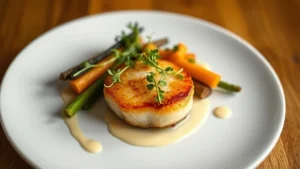 Overhead shot of an elegantly plated fine dining course featuring pan-seared scallop with microgreens, beurre blanc sauce, and seasonal vegetables on white porcelain plate, professional restaurant photography, soft natural lighting, shallow depth of field