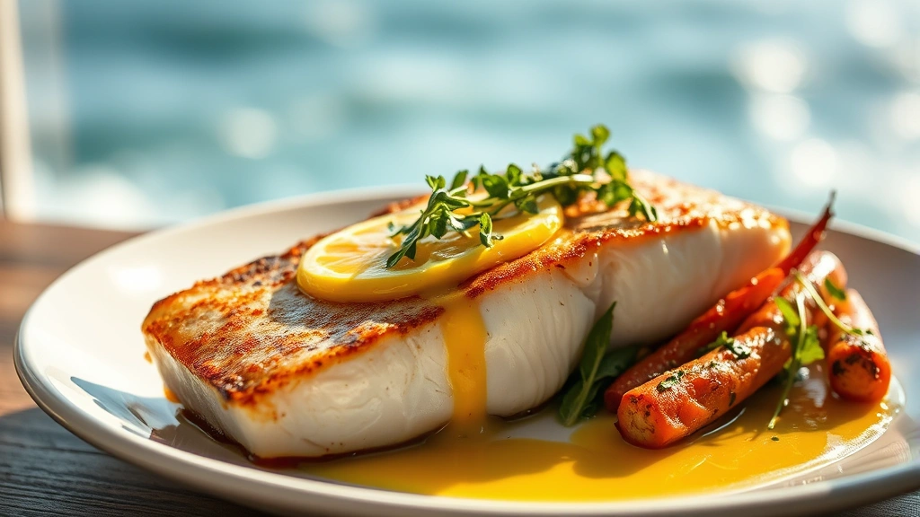 Close-up of perfectly seared Monterey Bay halibut fillet with crispy golden skin, fresh lemon butter sauce drizzled artfully, microgreens and roasted root vegetables arranged on white ceramic plate, soft natural light from coastal window, blurred ocean water backdrop