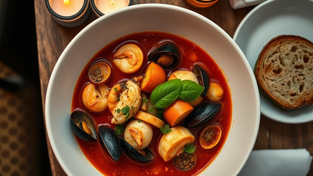 Overhead shot of elegant seafood cioppini in white bowl, rich tomato-based broth with visible Dungeness crab pieces, clams, mussels, fresh basil garnish, crusty sourdough bread on side, candlelit fine dining table setting, coastal restaurant ambiance
