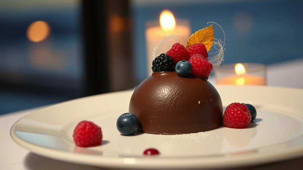 Artistic plated dessert featuring dark chocolate mousse dome, fresh raspberries and blueberries, edible gold leaf accents, delicate spun sugar element, white porcelain plate, soft warm candlelight reflection, elegant fine dining presentation with ocean-view window blurred in background