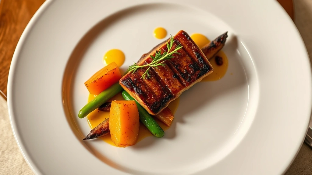 Professional overhead shot of artfully plated fine dining dish with herb garnish, warm golden lighting, white ceramic plate, sophisticated presentation with color contrast between protein and vibrant vegetables