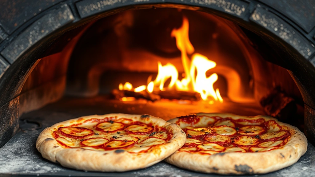 Rustic wood-fired oven with flames visible, fresh pizzas with charred bubbling crust inside, warm ambient lighting from fire, Italian countryside aesthetic, crusty exterior and tender interior visible