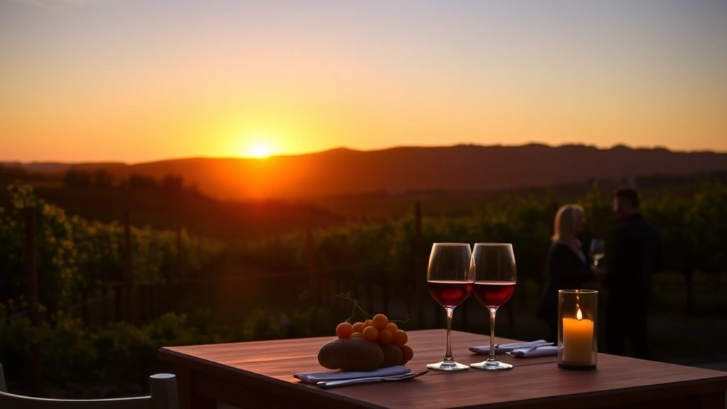 Sunset vineyard landscape with candlelit outdoor dining table in foreground, wine glasses catching golden hour light, rolling hills and grapevines blurred in background, romantic atmosphere, couple dining silhouette
