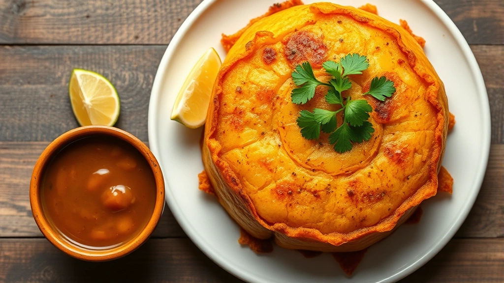 Overhead shot of golden mofongo plantain dish with fresh cilantro garnish, crispy edges, served on rustic white plate with lime wedge and traditional Puerto Rican ceramic bowl of mojo criollo sauce