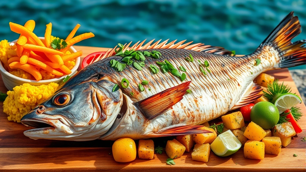 Whole grilled snapper with charred skin, fresh herbs, and lime, surrounded by vibrant mofongo, crispy tostones, and tropical vegetables on wooden serving board with ocean backdrop