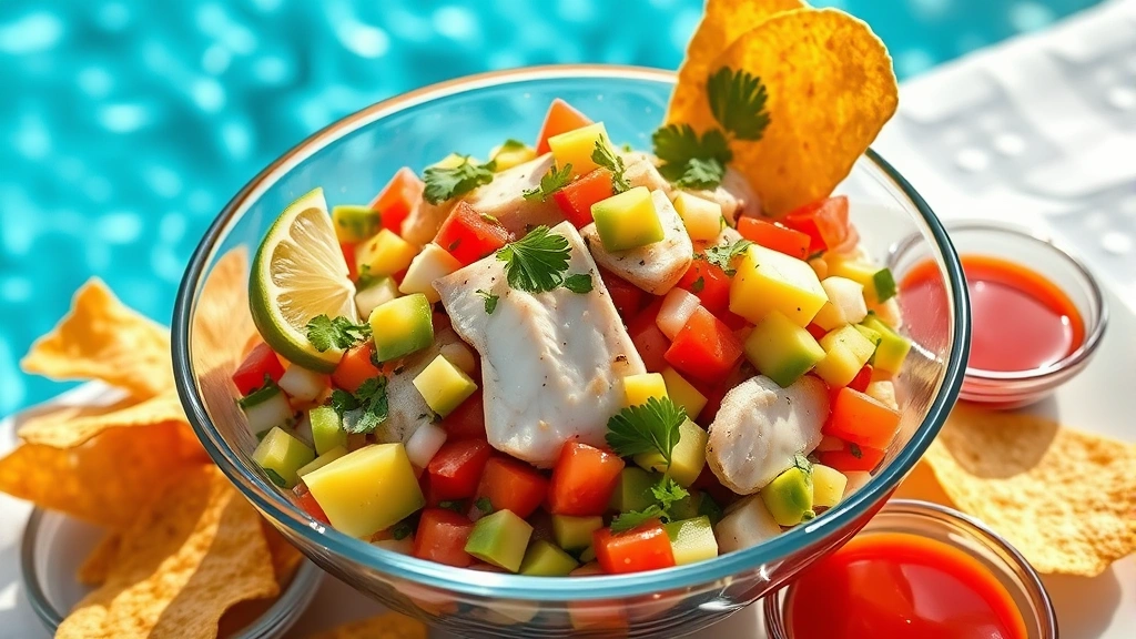 Colorful ceviche with fresh mahi-mahi, diced avocado, cilantro, lime juice, served in glass bowl with crispy plantain chips and small bowls of hot sauce, photographed with natural Caribbean sunlight