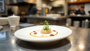 Elegant plated fine dining dish with microgreens and artistic sauce swirls on white porcelain plate, professional restaurant kitchen setting