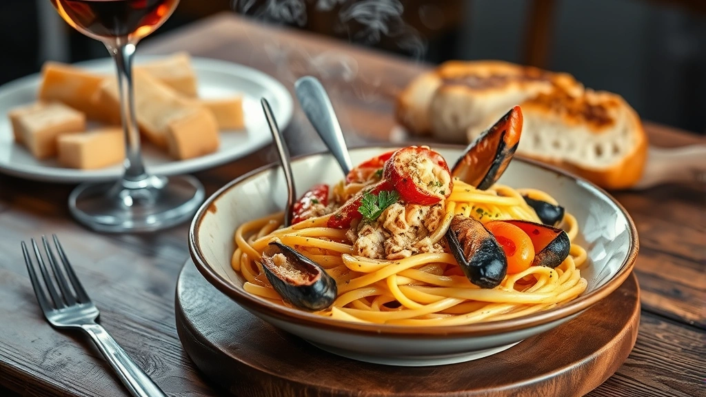 Rustic Italian pasta with fresh seafood, steam rising, wooden table setting with wine glass and crusty bread visible