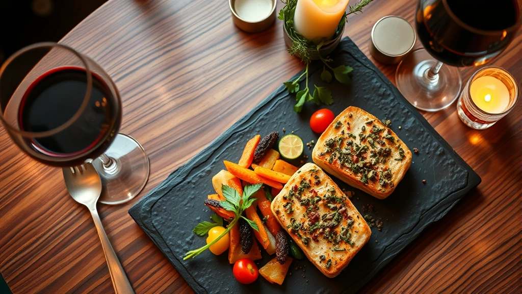 Overhead shot of colorful vegetable medley and herb-crusted protein on slate plate, warm candlelit restaurant ambiance, wine pairing beside