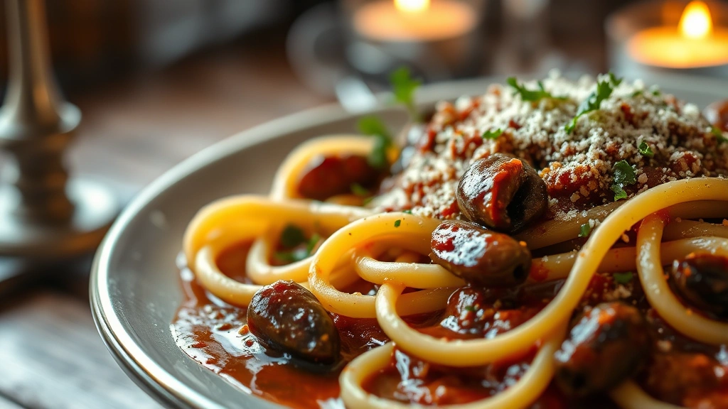 Close-up of traditional bigoli pasta with dark anchovy and sardine sauce, thick handmade noodles coated in glossy sauce, sprinkle of fresh parsley, rustic wooden table, warm candlelight, steam rising, authentic Italian trattoria setting, shallow focus on pasta texture