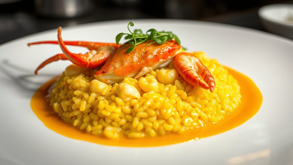 Elegant plated Venetian risotto with soft-shell crab (moeche), creamy saffron rice with visible seafood, artistic sauce drizzle, microgreens garnish, fine dining presentation on white plate, restaurant kitchen lighting, professional food photography, shallow depth of field highlighting texture