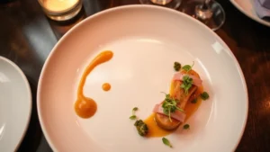 Overhead shot of artfully plated fine dining dish with microgreens, sauce dots, and garnish on white ceramic plate, warm restaurant lighting, shallow depth of field