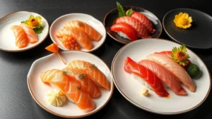 Elegant plated sushi and sashimi assortment with pristine raw fish, vibrant garnishes, and artistic presentation on luxury ceramic dishware