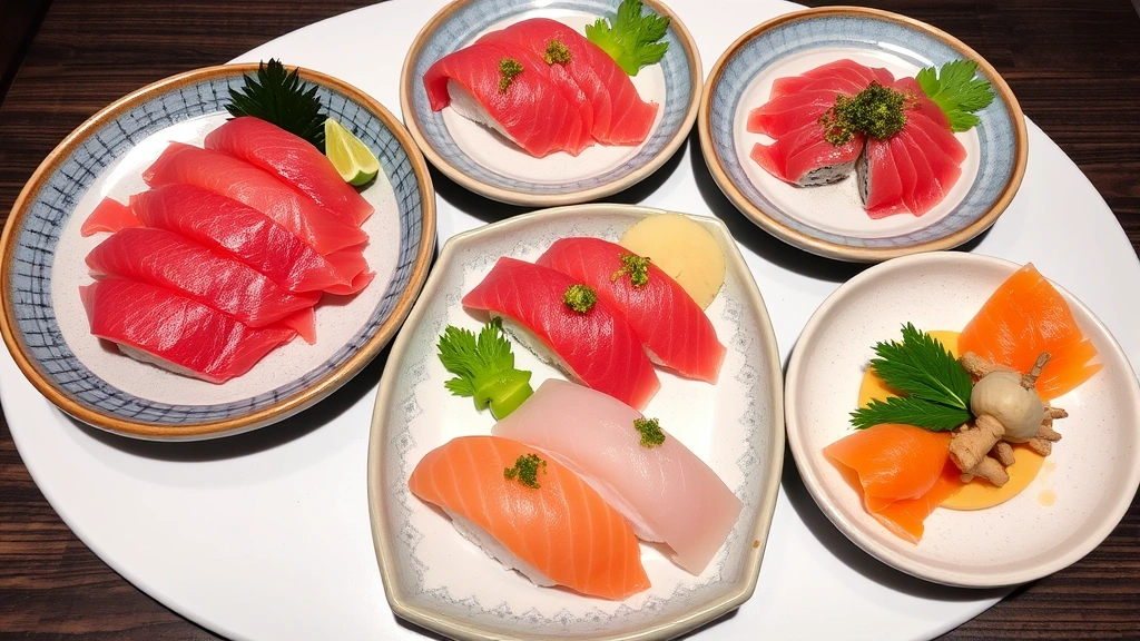 Artfully plated sushi and sashimi assortment featuring pristine raw fish, wasabi, pickled ginger, and seasonal garnishes on elegant ceramic dishware