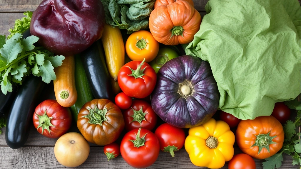 Farm-fresh heirloom vegetables and seasonal produce arranged on rustic wooden surfaces, showcasing vibrant colors and natural textures from the garden