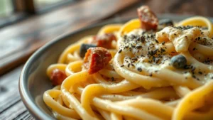 Close-up of authentic Roman carbonara pasta with guanciale, fresh cracked black pepper, and creamy Pecorino Romano sauce coating fresh egg tagliatelle, steam rising, shallow depth of field, natural window lighting, rustic wooden table background, no text or labels visible