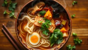 Overhead shot of steaming Asian noodle bowl with vibrant vegetables, fresh herbs, and rich sauce, chopsticks placed beside, warm ambient lighting highlighting steam