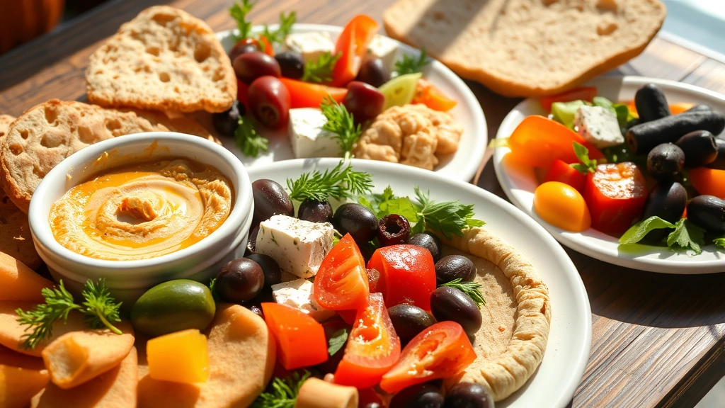 Artfully arranged Mediterranean mezze platter featuring hummus, fresh pita bread, olives, feta cheese, and colorful vegetables, natural sunlight on white ceramic plates