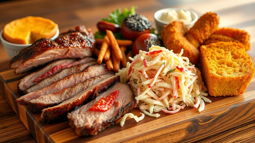 Freshly prepared American barbecue platter with tender brisket, crispy fried chicken, creamy coleslaw, and golden cornbread, rustic wooden serving board, golden hour lighting