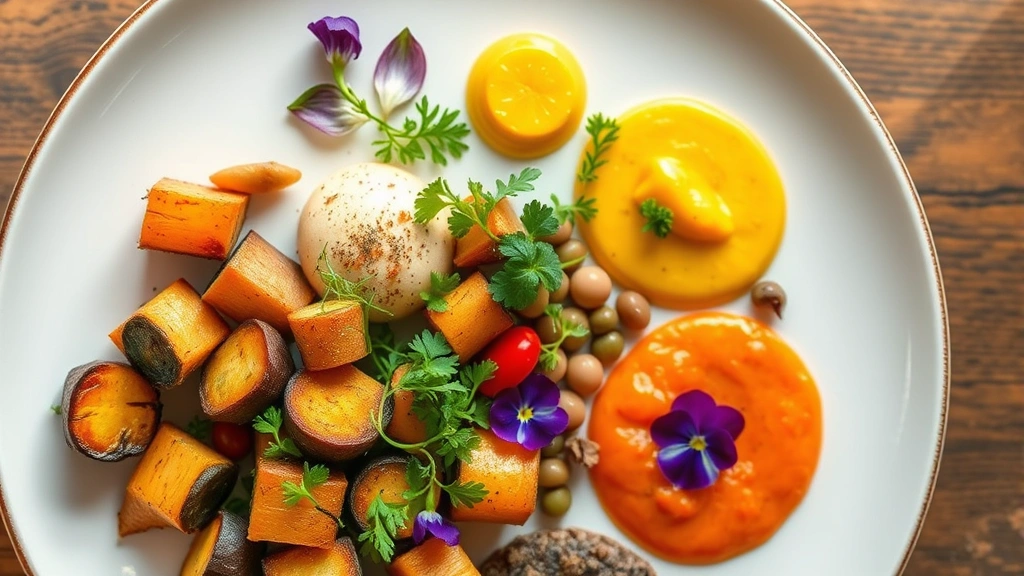 Overhead shot of vibrant seasonal vegetable tasting plate with roasted root vegetables, microgreens, colorful legume purees, and edible flowers arranged artfully on white ceramic plate, warm natural lighting from above