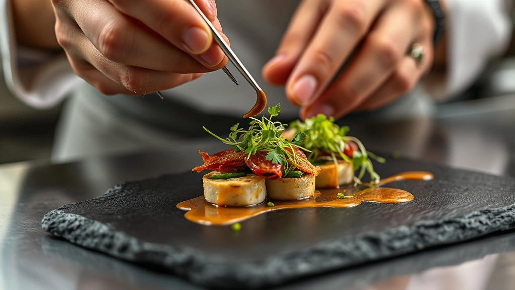 Close-up of chef's hands plating elegant vegan appetizer with tweezers, featuring fermented vegetables, microgreens, and artistic sauce drizzle on dark slate, professional kitchen lighting, shallow depth of field