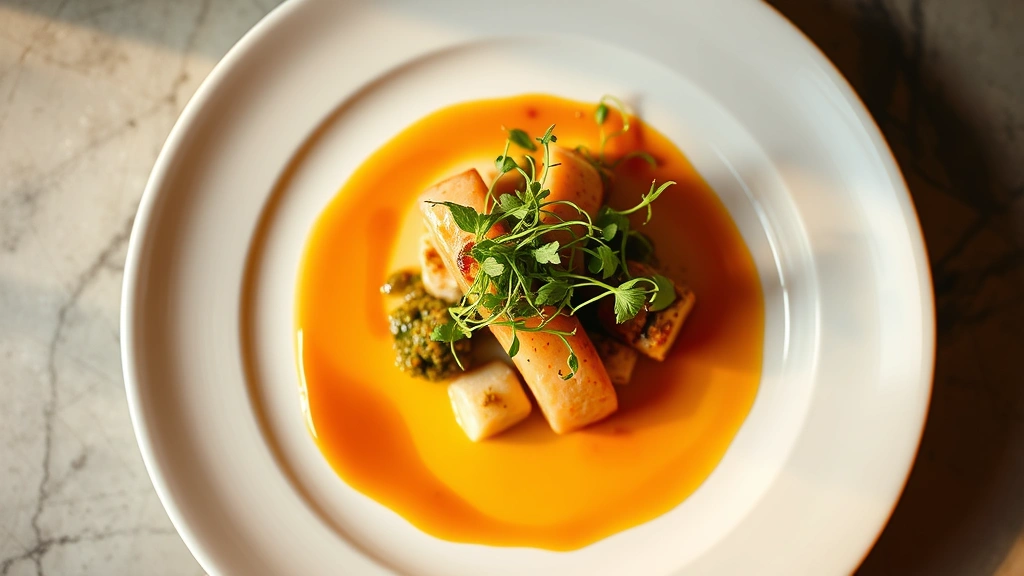 Overhead shot of plated fine dining dish with microgreens, sauce artfully arranged, warm lighting, professional culinary presentation on white ceramic plate