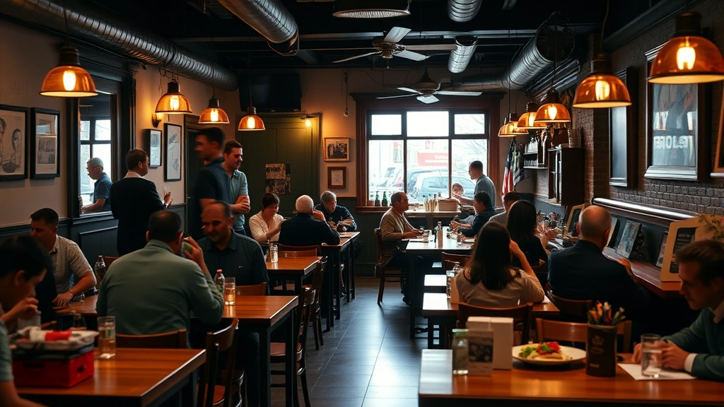 Bustling casual restaurant interior with wooden tables, warm ambient lighting, diners enjoying meals, intimate neighborhood atmosphere, natural window light