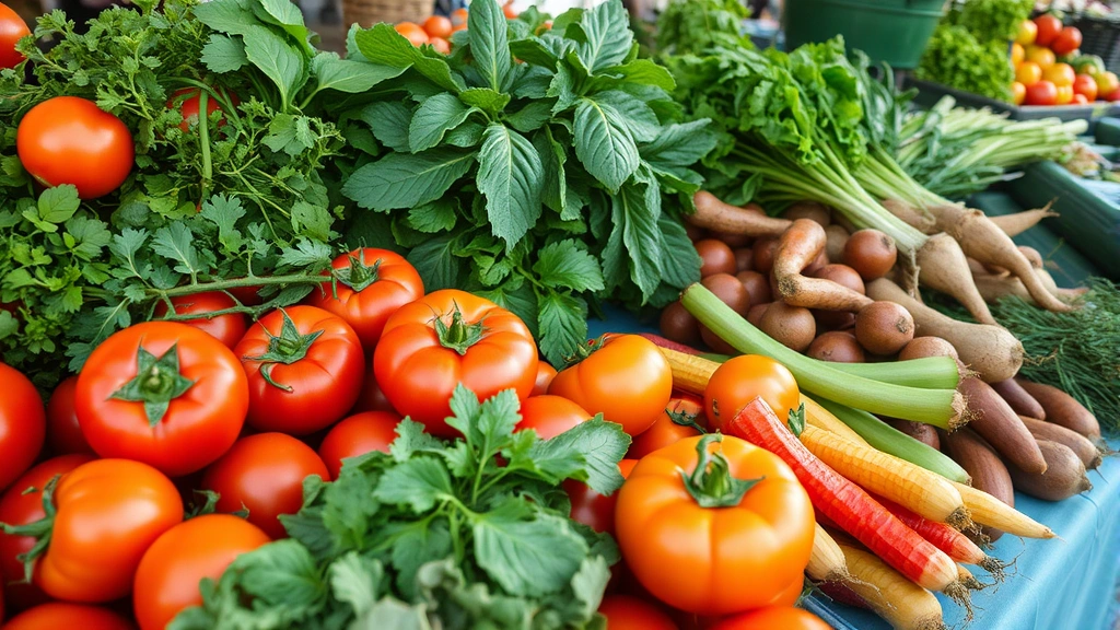Farm-fresh vegetables and local produce at farmers market display: heirloom tomatoes, vibrant greens, root vegetables, morning dew still visible, natural daylight