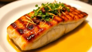 Close-up of crispy-skinned chili oil cod fillet with glistening skin, topped with toasted Sichuan peppercorns, microgreens, and crispy shallots on white ceramic plate, restaurant lighting