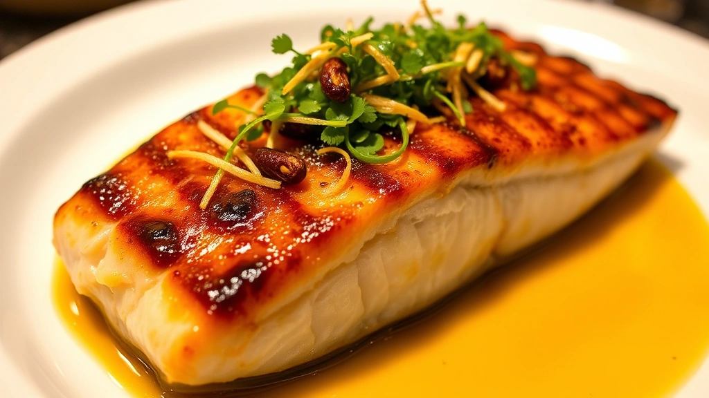 Close-up of crispy-skinned chili oil cod fillet with glistening skin, topped with toasted Sichuan peppercorns, microgreens, and crispy shallots on white ceramic plate, restaurant lighting