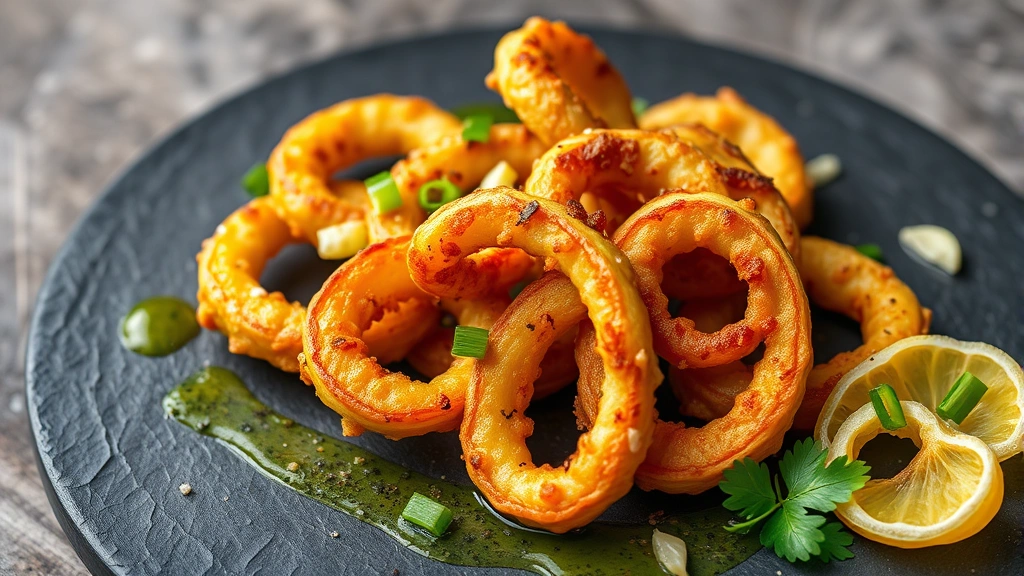 Artistic plating of salt and pepper squid rings with golden-brown crispy exterior, arranged on slate plate with scallion oil drizzle, crispy garlic chips, and fresh herbs, professional food photography