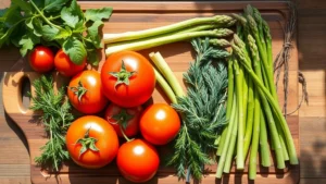 Overhead shot of artisanal wooden cutting board with fresh farm vegetables including heirloom tomatoes, vibrant green asparagus, and aromatic herbs in natural sunlight