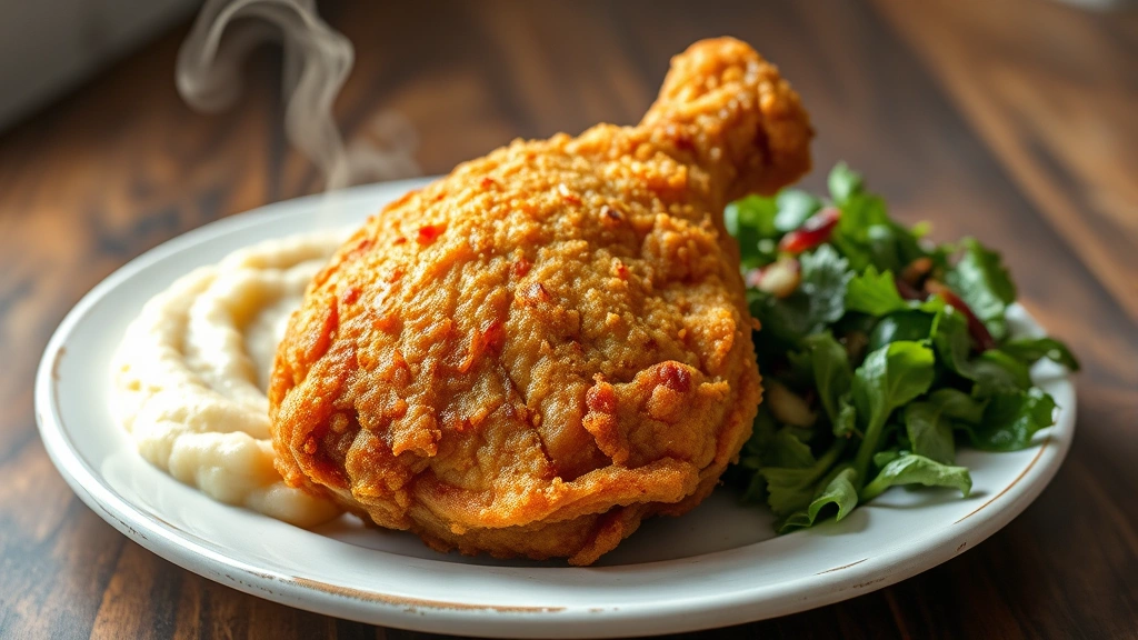 Golden-brown fried chicken with crispy exterior served on rustic white plate with sides of creamy grits and fresh seasonal greens, steam rising visibly