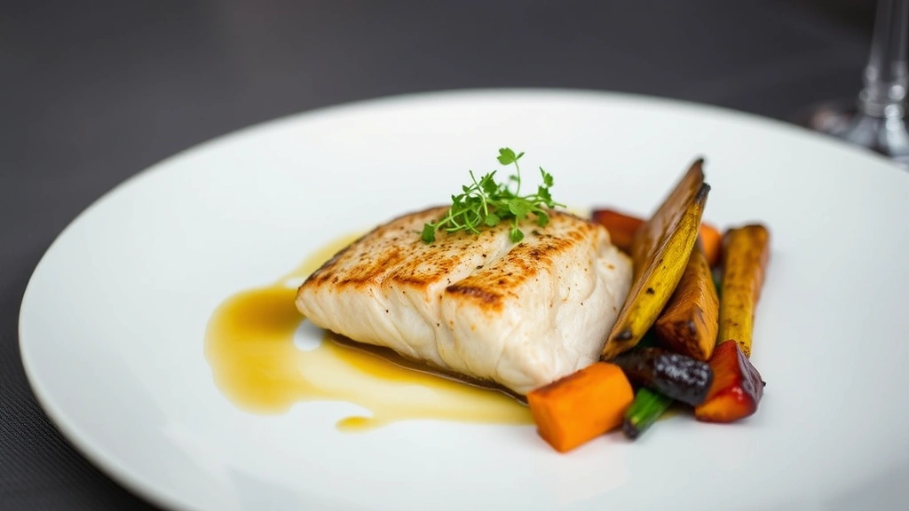 Elegant plated fine dining dish featuring perfectly seared fish fillet with delicate sauce drizzle, microgreens garnish, and colorful roasted vegetables on white ceramic plate
