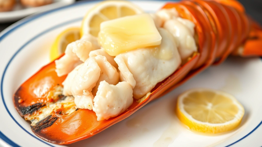 Close-up of steamed Boston lobster tail split lengthwise showing translucent pale meat glistening with melted butter and fresh lemon wedges on white ceramic plate with ocean-inspired blue rim, professional seafood restaurant presentation