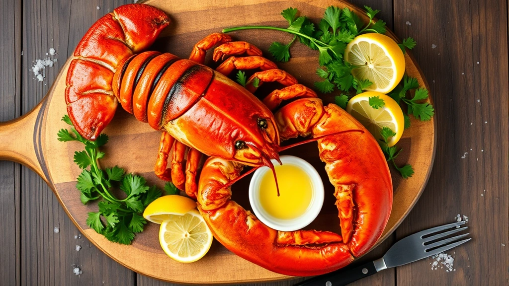 Overhead shot of whole steamed lobster with claws extended on rustic wooden serving board surrounded by fresh parsley garnish, melted butter in small ceramic ramekin, lemon halves, and coarse sea salt scattered artfully