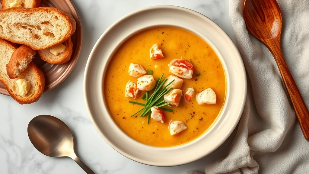 Artistic flat-lay composition of lobster bisque in cream-colored ceramic bowl with lobster meat chunks visible, garnished with fresh chives and micro herbs, complemented by buttered crusty bread, napkin, and wooden spoon on marble surface