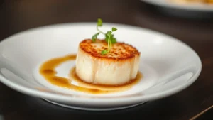 Close-up of perfectly seared scallop with microgreens and sauce reduction on white ceramic plate, professional restaurant plating, soft natural light, shallow depth of field