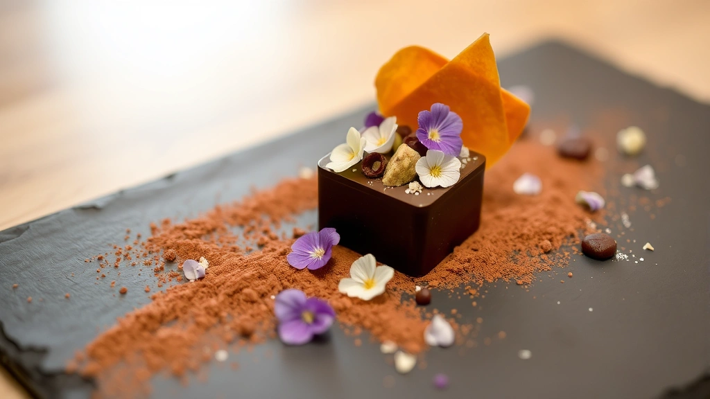 Artistic presentation of deconstructed chocolate dessert with cocoa dust, edible flowers, and caramel shards on slate plate, fine dining style, elegant composition
