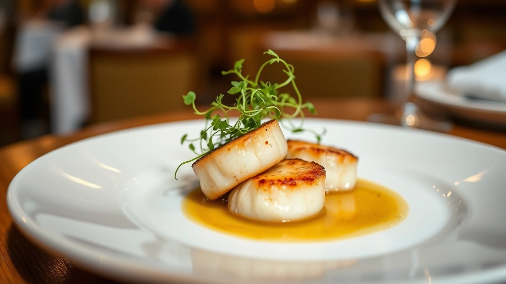 Artfully plated fine dining dish with seared scallops, brown butter sauce, microgreens, and delicate herb garnish on white ceramic plate, soft restaurant lighting, shallow depth of field