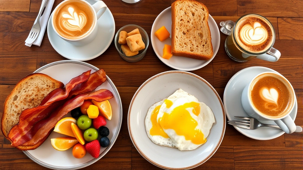 Casual brunch spread featuring perfectly cooked eggs with hollandaise, crispy bacon, fresh fruit, artisanal toast, and specialty coffee drink with latte art on wooden table
