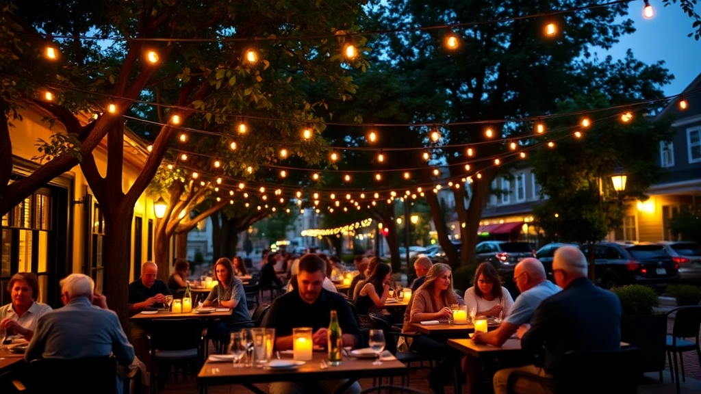 Outdoor patio dining at dusk with string lights overhead, tree-lined setting, diners enjoying meals at candlelit tables, warm ambient lighting, neighborhood atmosphere, blurred figures enjoying food