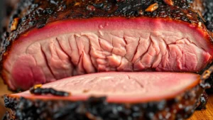 Close-up of Texas-style smoked brisket with perfect pink smoke ring, sliced to show tender interior with crispy bark exterior, natural lighting showcasing meat texture