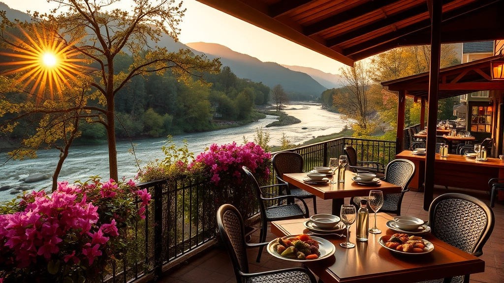 Scenic riverside restaurant patio during golden hour, Nantahala River flowing in background, native rhododendrons and mountain laurel surrounding outdoor seating, elegant table settings with locally-sourced ingredients visible on plates, warm natural lighting, mountain vista backdrop, intimate dining atmosphere