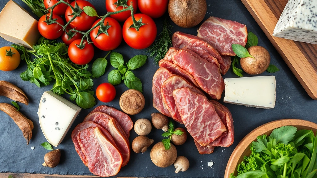 Close-up flat lay composition featuring Bryson City farm-to-table ingredients—heirloom tomatoes, fresh herbs, artisanal cheeses, heritage breed meats, foraged mushrooms, spring greens, seasonal vegetables arranged on slate surface with rustic plating elements and natural wooden boards, professional food photography styling